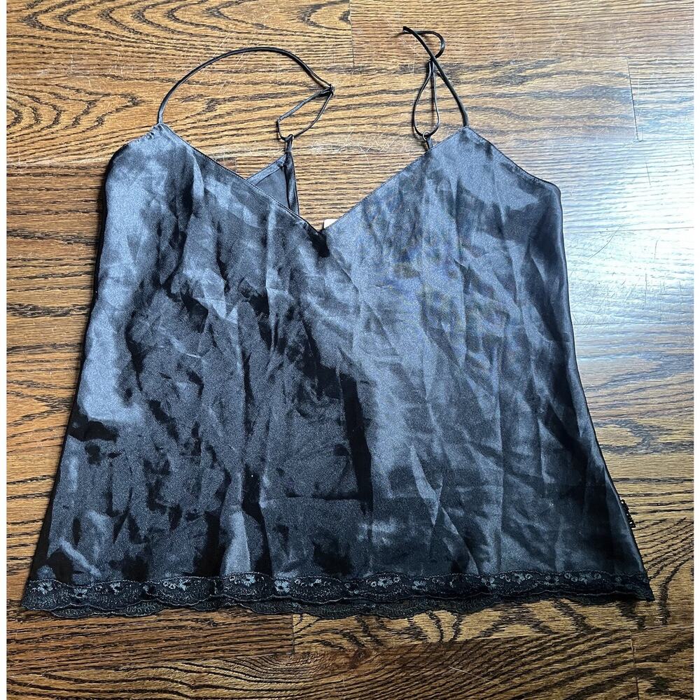La Senza Black Tank Top Size Large Satin Lace accent Spaghetti Straps NWT